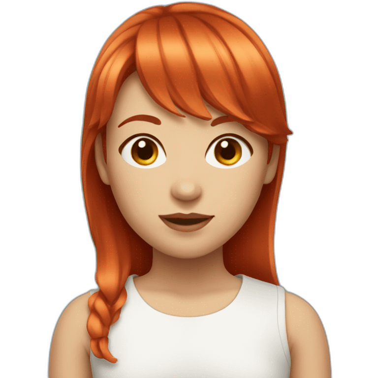 Girl with highlighted red hair and bangs and round face emoji