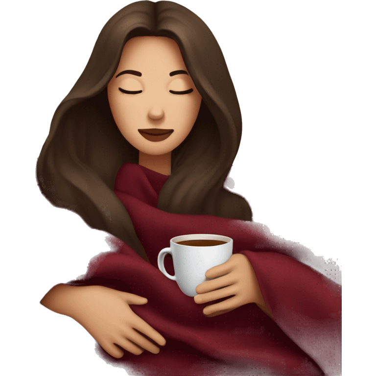 Brunette girl inside a maroon blanket sipping coffee eyes closed emoji