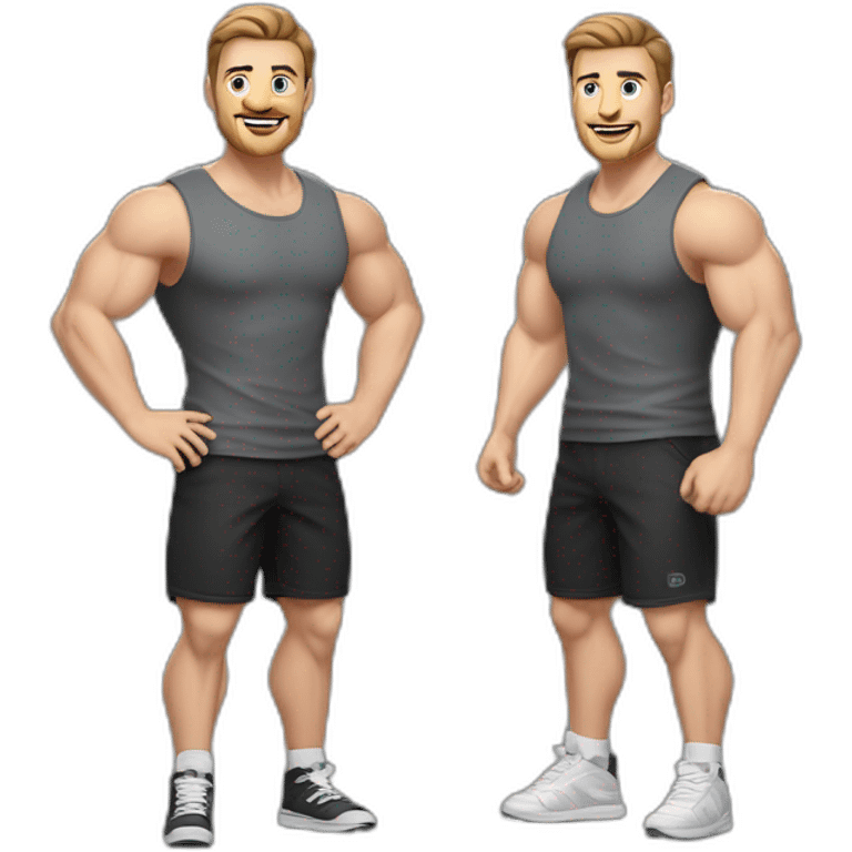 Full height realistic Actively gesturing with hands Pale skinned Fit Man With the biceps and brown hair in dark gray Sleeveless Mike, black oversize sports shorts, watch and white Sneakers emoji