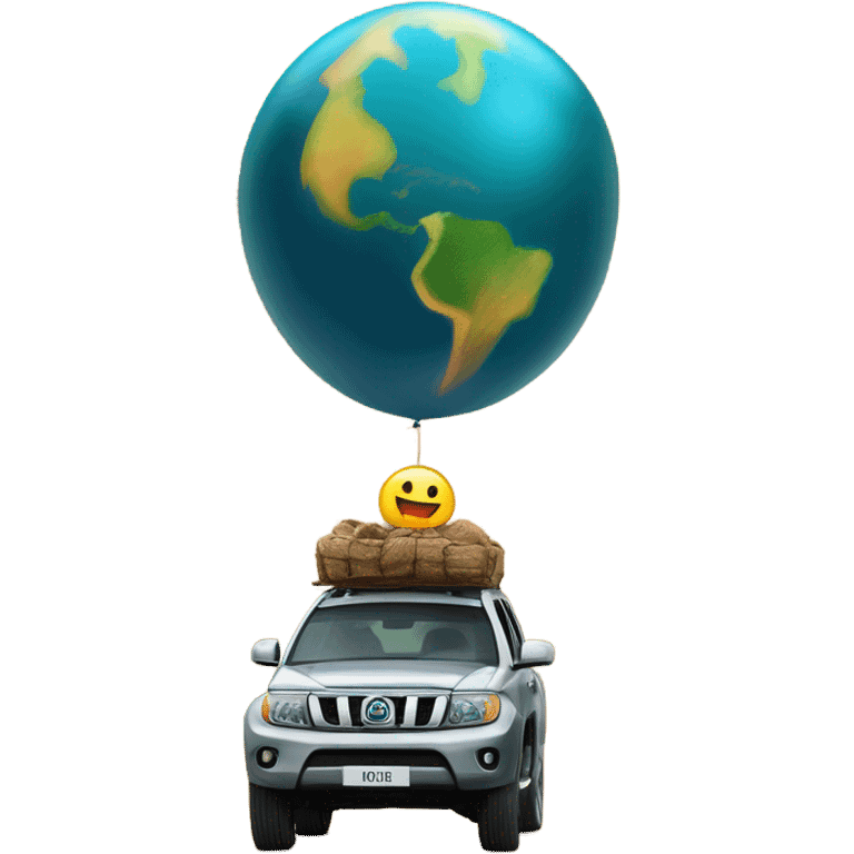 A SUV aventureira explora montanhas e florestas com um globo terrestre ao fundo e um carro em movimento na frente. emoji