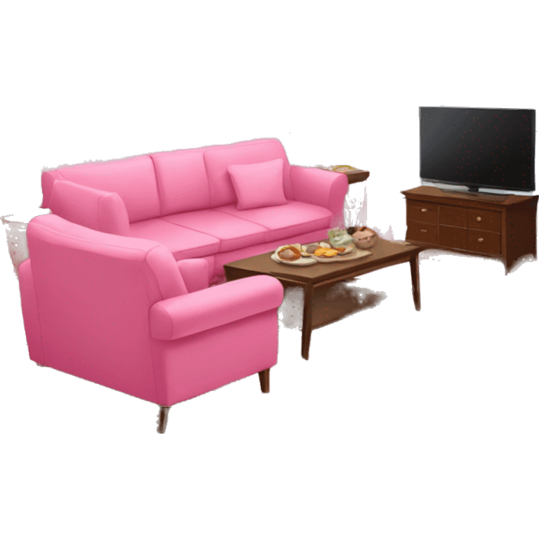 Pink pretty Living room, pink sofa, pink televison , pink dinner table emoji