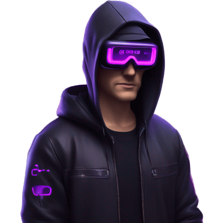 Russian man wearing a black hoodie with "OMG" letters on it and VR headset in a cyberpunk VR environment with violet neon lighting. emoji