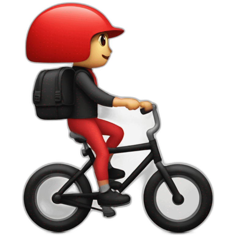 Garçon en tenue rouge sur un vélo noir vélo avec un sac tout rouge cubique, avec un logo qui représente une toque emoji