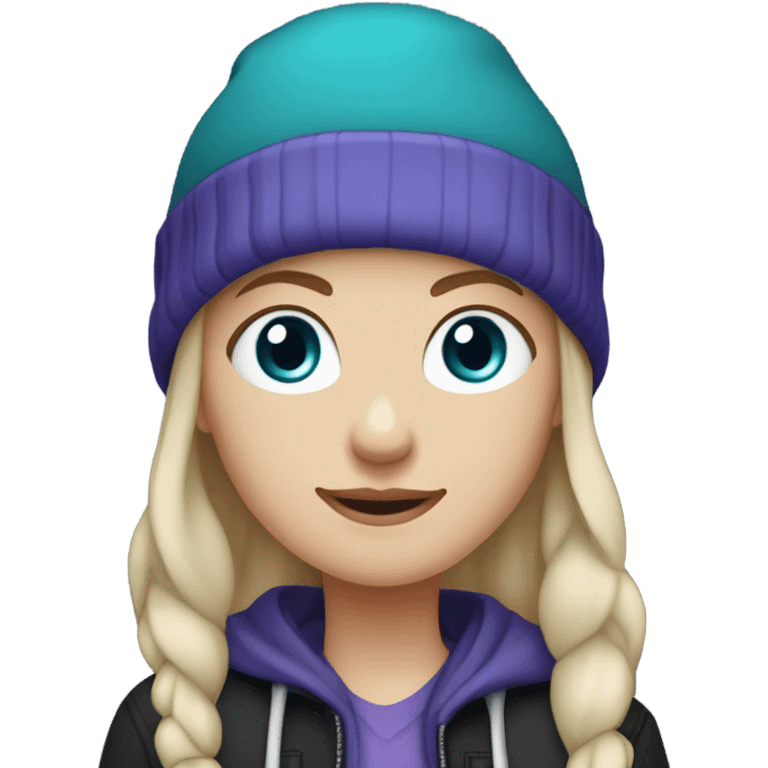 White girl, blue eyes, long teal hair, purple beanie hat, black hoodie, blue jeans, black shoes emoji