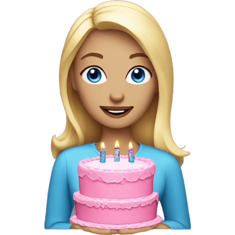 Blonde woman with blue eyes holding a pink birthday cake  emoji