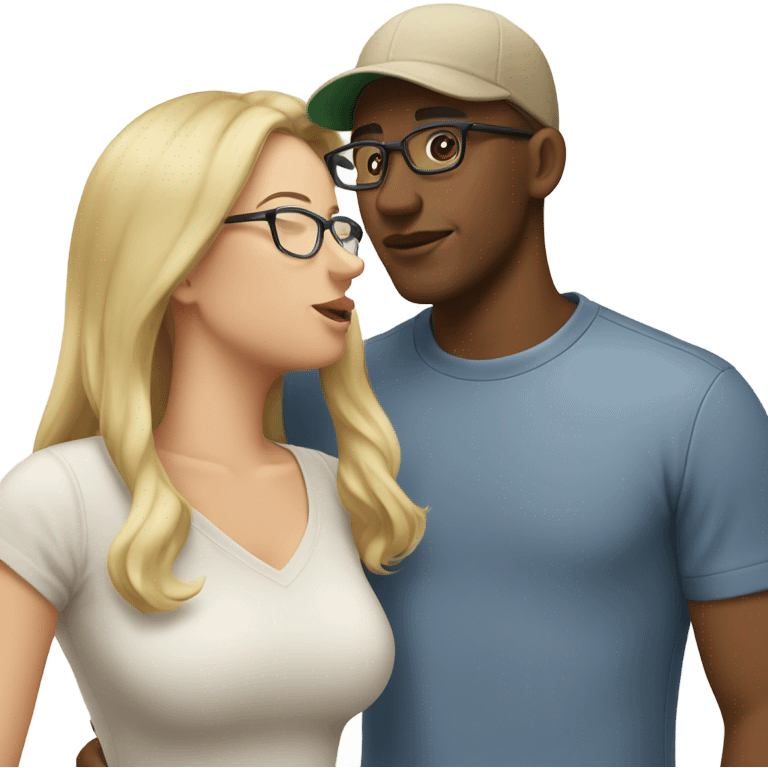 blonde woman with glasses and men with light skin and cap and no glasses kissing emoji