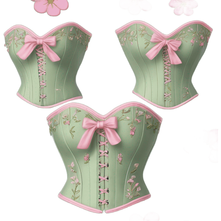 Sage green corset with flower embroidery and pink bows, isolated emoji