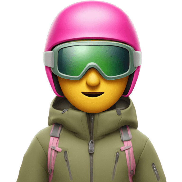 Man with khaki green ski jacket and khaki helmet with ski goggles with a pink strap, no skipants only a boxershort, on his skis  emoji