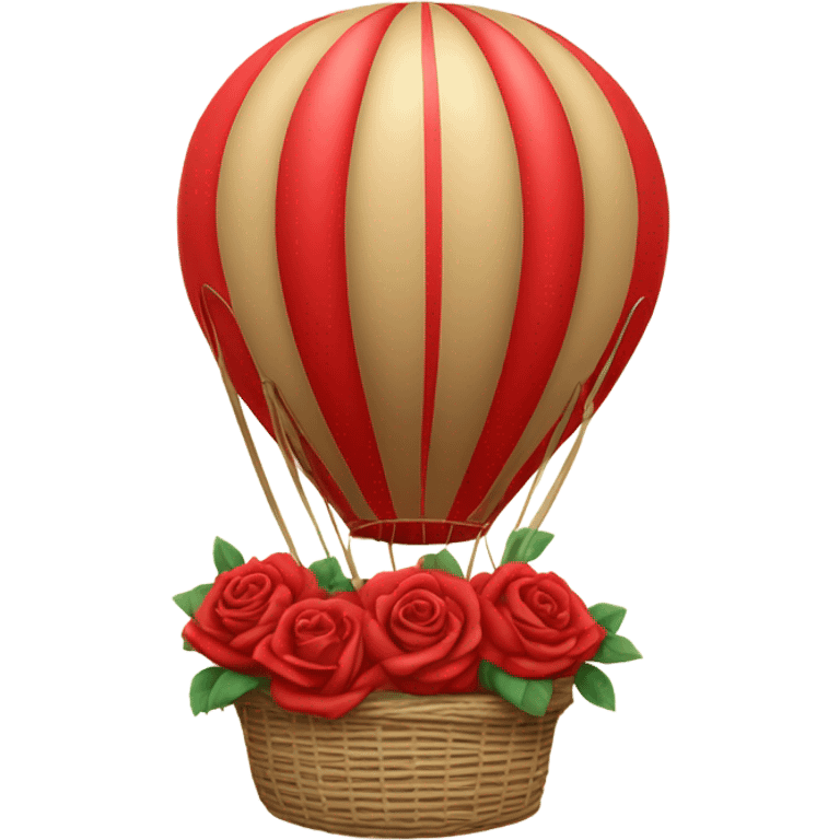 red hot air balloon and beige basket with roses emoji