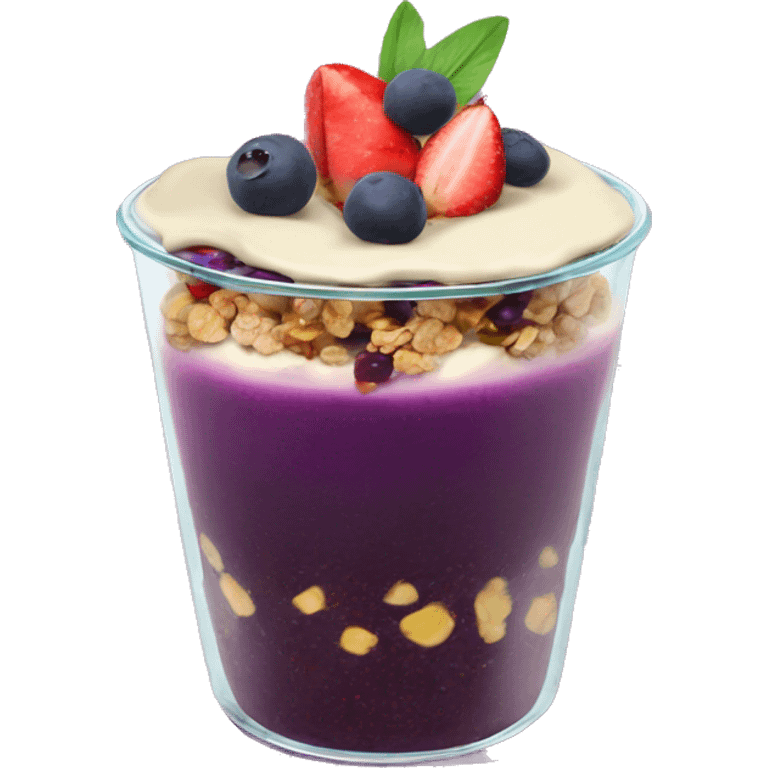 Açaí in a clear cup with layers of fruits and granola and condensed milk emoji