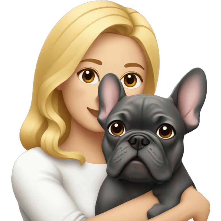 Honey blonde woman with hugging dark gray french bulldog emoji