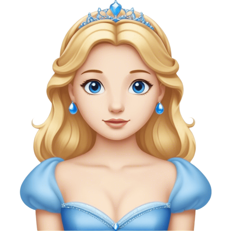 Cinematic Realistic Comical Cinderella Portrait, with every detail rendered realistically—from the soft, smooth texture of her fair skin to her artfully styled golden-blonde hair. Her bright blue eyes are wide with playful disbelief, and her expression carries a touch of whimsical humor while retaining elegant poise. Her classic ball gown, detailed with rich fabric textures and natural shadows, catches the light in a way that blends refined beauty with a hint of cheeky mischief, creating a striking, lifelike portrayal. emoji