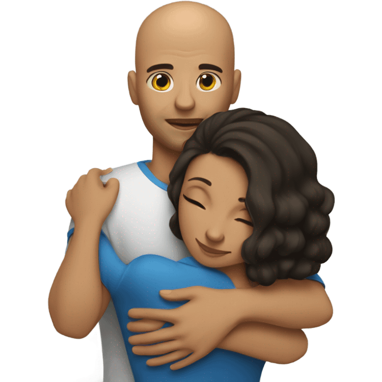 Comforting hug from tall, brunette, Puerto Rican woman to shorter bald male emoji