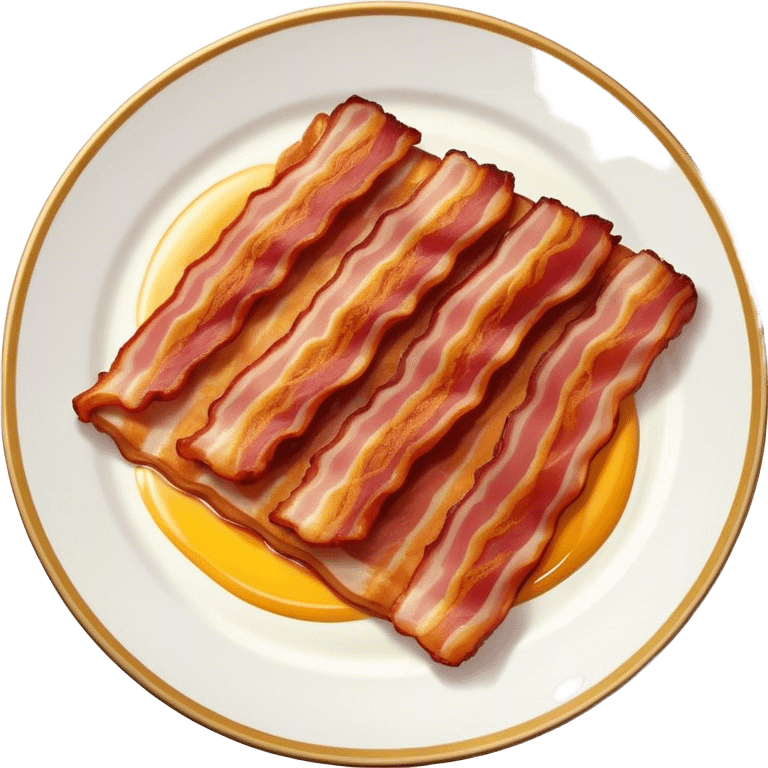 Cinematic crispy sizzling bacon, slightly curled, golden-brown with a perfect crunch, glistening with rich flavor, deep warm tones, served on a breakfast plate, comforting and indulgent. emoji