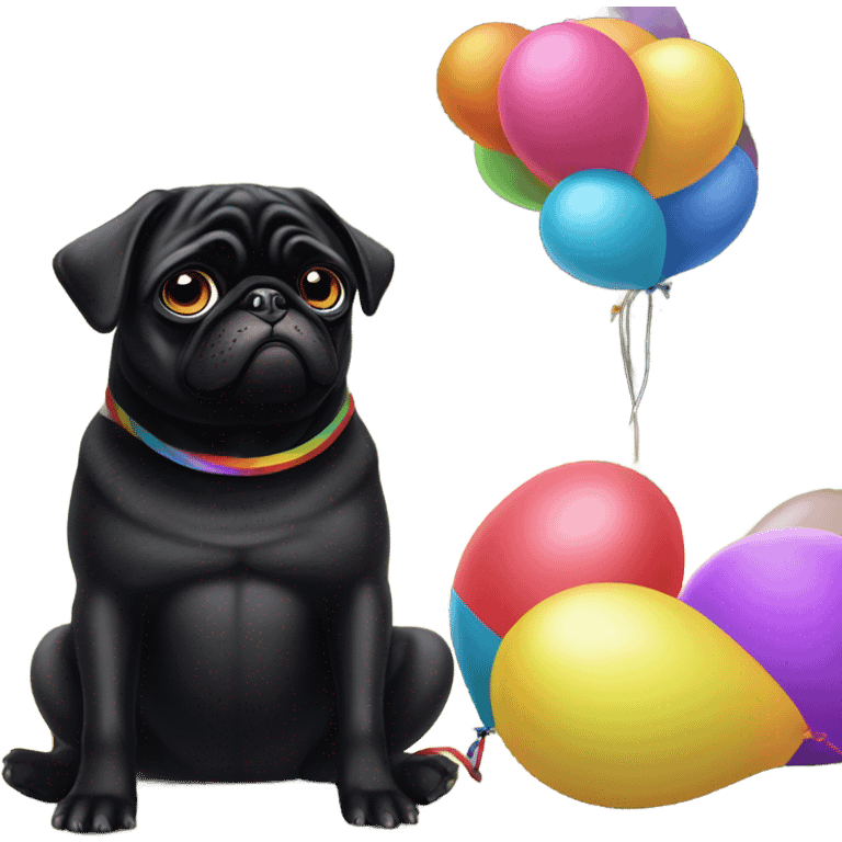 Black pug  and a ballon that says  “I’m sorry” emoji