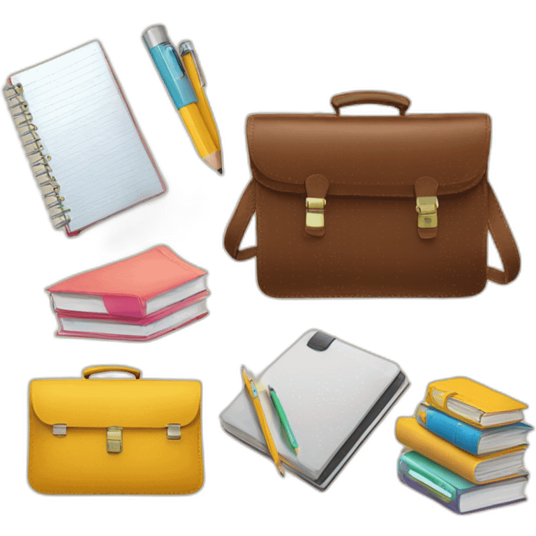 School things in a briefcase. Books, notebooks, pencil case emoji