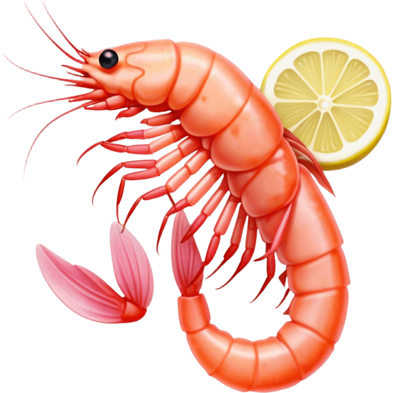 Cinematic glistening shrimp, pink and juicy, slightly curled with a light char, served with lemon wedges, ultra-detailed and fresh, warm glowing background. emoji