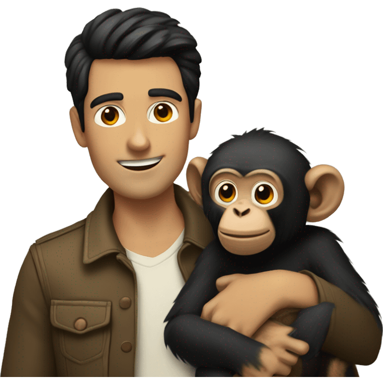 a guy with black hair holds a monkey in his arms emoji