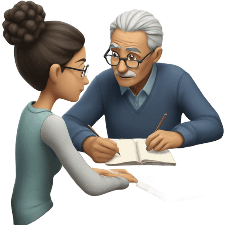 Old man with a little hair doing math teaching a teen girl emoji