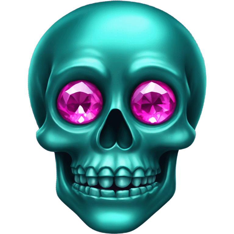 Realistic isolated metallic dark turquoise skull with shiny sparkly magenta pink diamond eyes. emoji