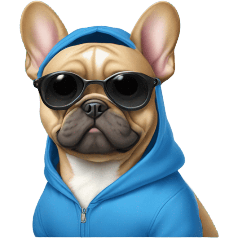 Frenchie dog wearing blue hoodie with blue cap and wearing black sunglasses  emoji