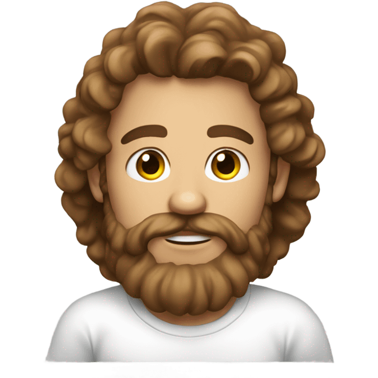 a person with a light beard and long curly hair and brown eyes wearing a white t shirt and looking at the camera s emoji