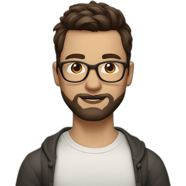 guy with clear glasses and earring in left ear, dark eyes, short brown hair with a fringe, large lips, pale skin and beard emoji