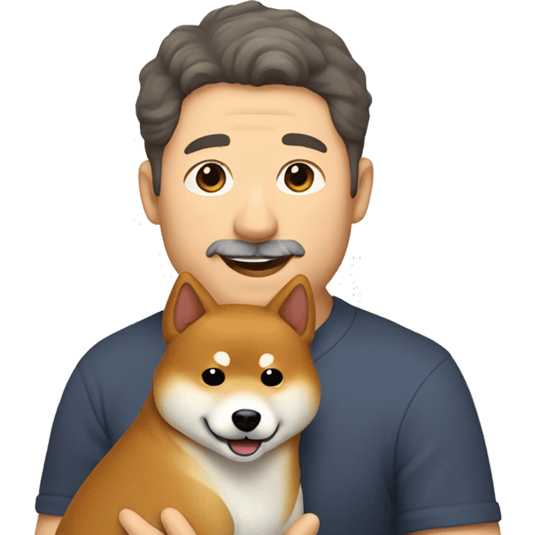 Shiba-inu cuddles middle age man with curly dark brown  hair without bear  emoji