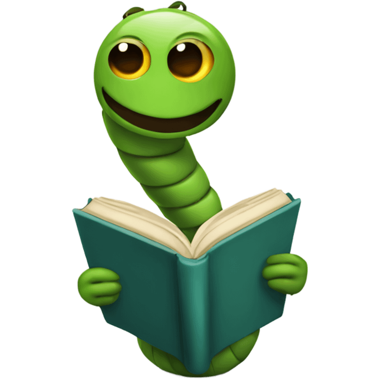 A worm wearing classes holding a book emoji