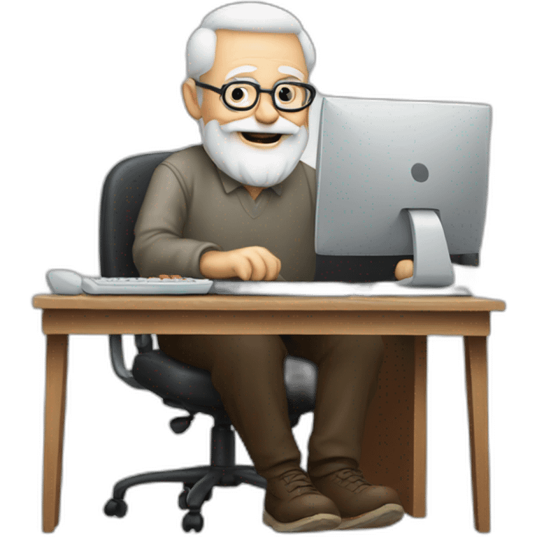 old man with beard and glasses sitting at a desktop with computer emoji