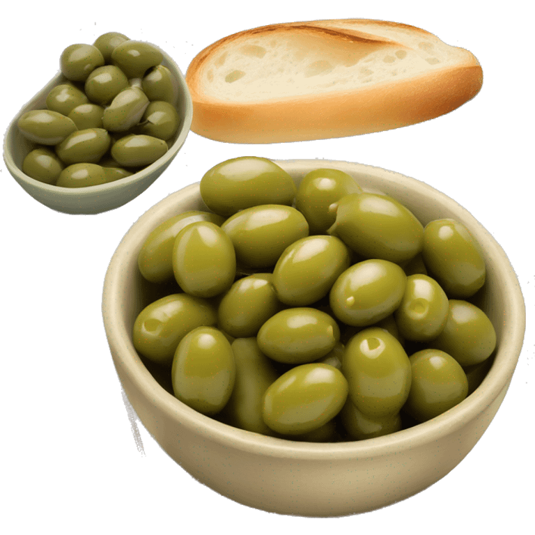 bowl of green olives beside a sliced baguette with butter   emoji