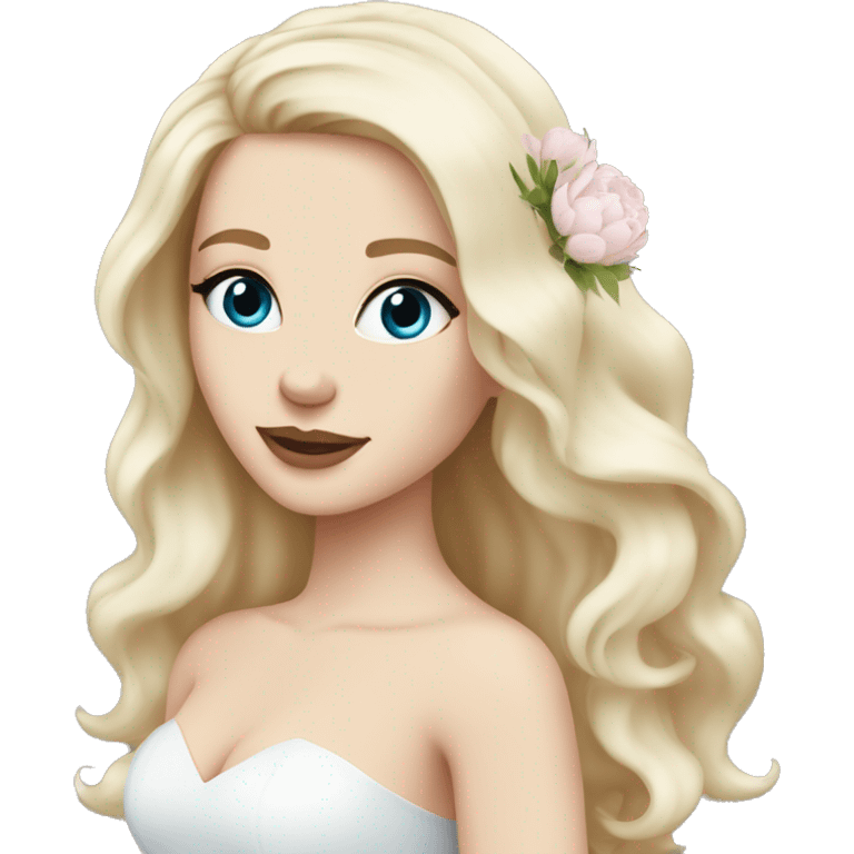 White bride with long light blonde hair and blue eyes with light pink peonies in hair white skin  emoji