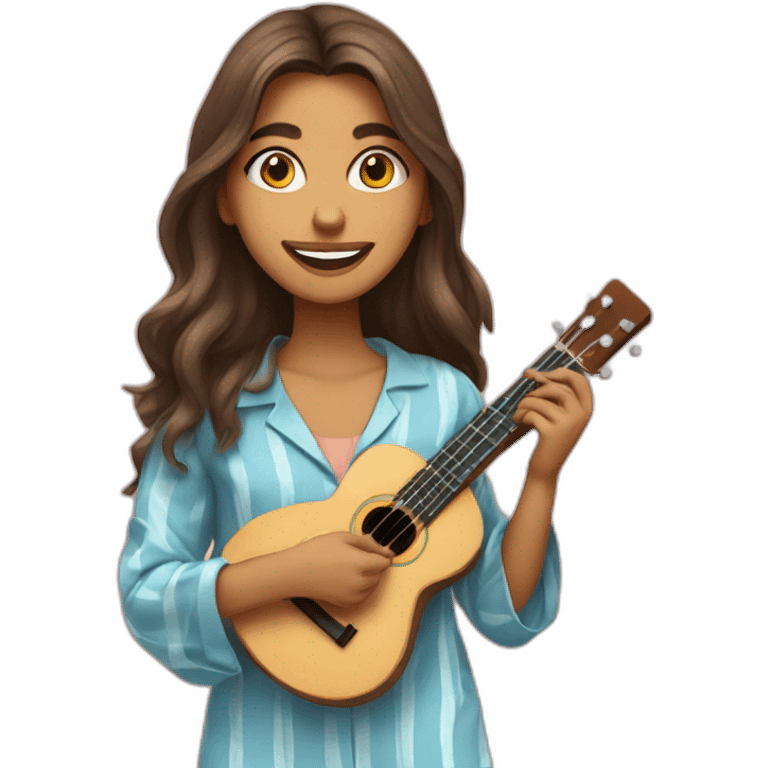 Saira bano long hair front looking smiling wearing pyjama playing ukulele  emoji