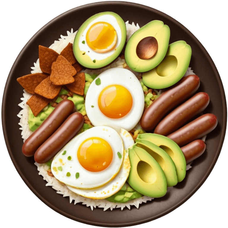 Bandeja Paisa Cinematic Realistic Bandeja Paisa Dish Emoji, depicted as a hearty platter featuring rice, beans, avocado slices, one sausage, a perfectly cooked egg, and crispy pork crackle, rendered with vivid textures and robust, inviting lighting. emoji