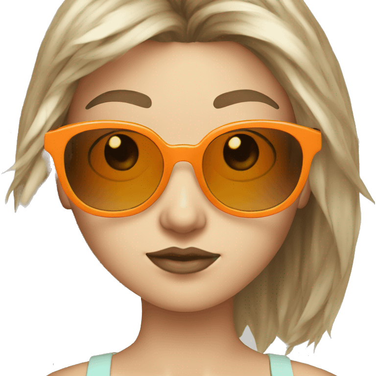 White girl with micro bangs and messy hair wearing orange sunglasses emoji