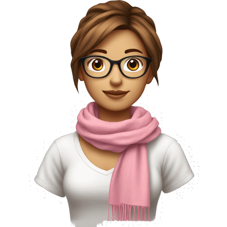 Girl drink coffee in white cup with brown hair and glasses white t shirt and scarf pink emoji