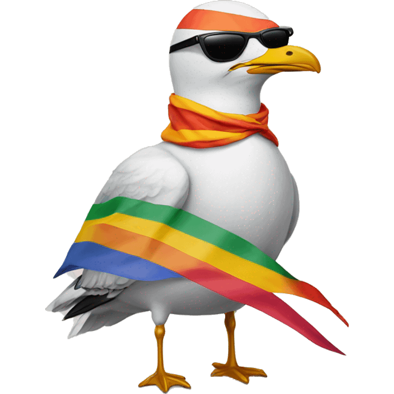 a seagull wearing a lesbian flag as a cape and also wearing sunlases emoji