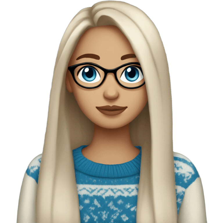 light skin, dark brown hair, blue eyes, long straight hair, girl wearing aesthetic sweater, glasses emoji