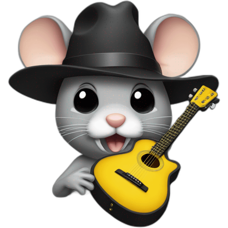 old grey jerry mouse potrait with white moustache, big black hat, and yellow guitar emoji