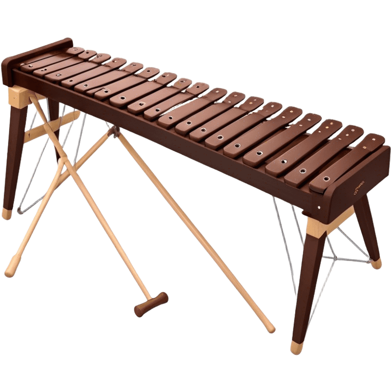 Create a detailed and professional emoji representing a Fleet FLT-SX37 orchestral long wooden xylophone. The design should showcase the large, wooden bars of the xylophone arranged in a traditional layout, with a polished, smooth finish. The bars should be dark brown or mahogany, with soft metallic reflections on the resonators underneath. Include two mallets with rubber or wooden heads resting on the bars, emphasizing their role in striking the notes. The xylophone should have a sophisticated and professional appearance, with clean lines and a polished look. Add subtle musical notes or sound waves to represent the vibrant sound produced by the instrument. The background should be transparent. emoji