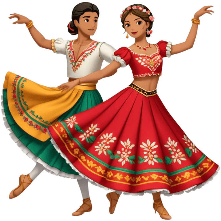 Cinematic Realistic scene of two dancers performing the Tarantella, dressed in vibrant, flowing traditional costumes with detailed embroidery and dynamic skirts, captured in festive motion with warm, lively lighting emoji