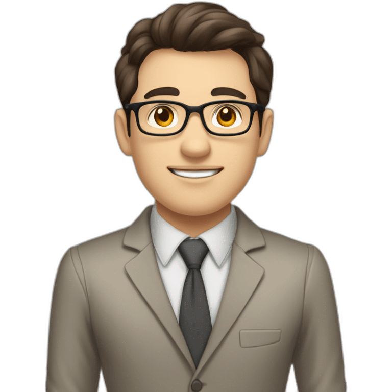 Pale skinned fit man with dark brown hair in gray jacket, beige office shirt, brown tie, brown pants and vintage glasses Writing on the marker board emoji