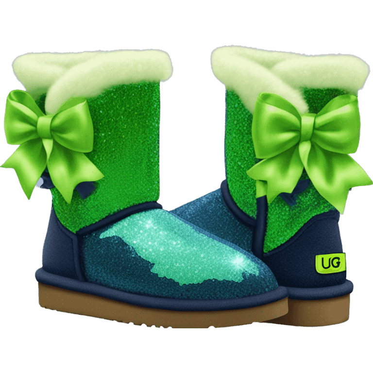 Realistic navy blue Sparkle glitter and fur Ugg boots with lime green bow. emoji