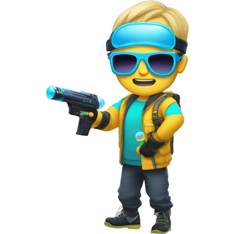 Caucasian boy in glowing rave gear with sunglasses and mask and headlamp and shooting a bubble gun emoji