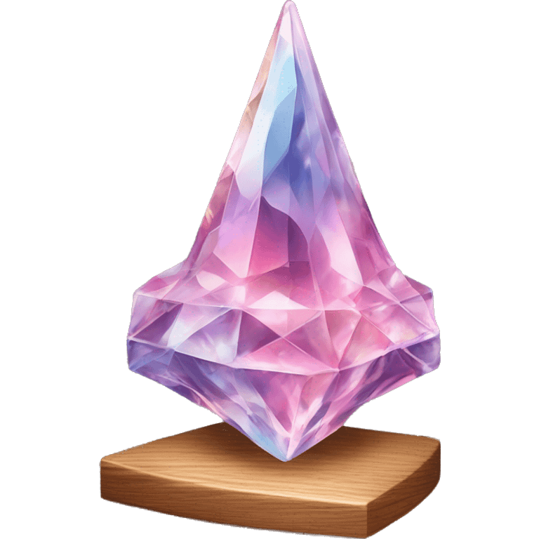 crystal sculpture witch hat with a geometric, faceted design. The hat is standing upright on a wooden stand with angular and baroque features. The vibrant midtone tints of pastels and pink highlights the sharp edges and planes.  emoji