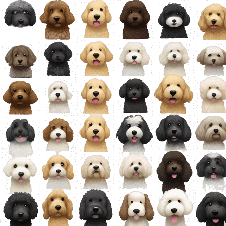 Black goldendoodle, black goldendoodle with white patch on chest, cream golden doodle and black and white mini Sheepadoodle emoji