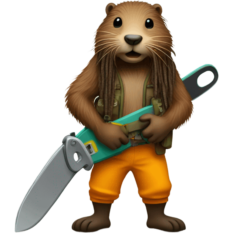 Beaver with dreadlocks wearing climbing gear holding a chainsaw  emoji