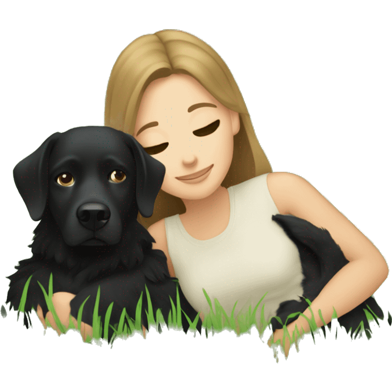 Bruenette white girl cuddling in grass with a black dog emoji