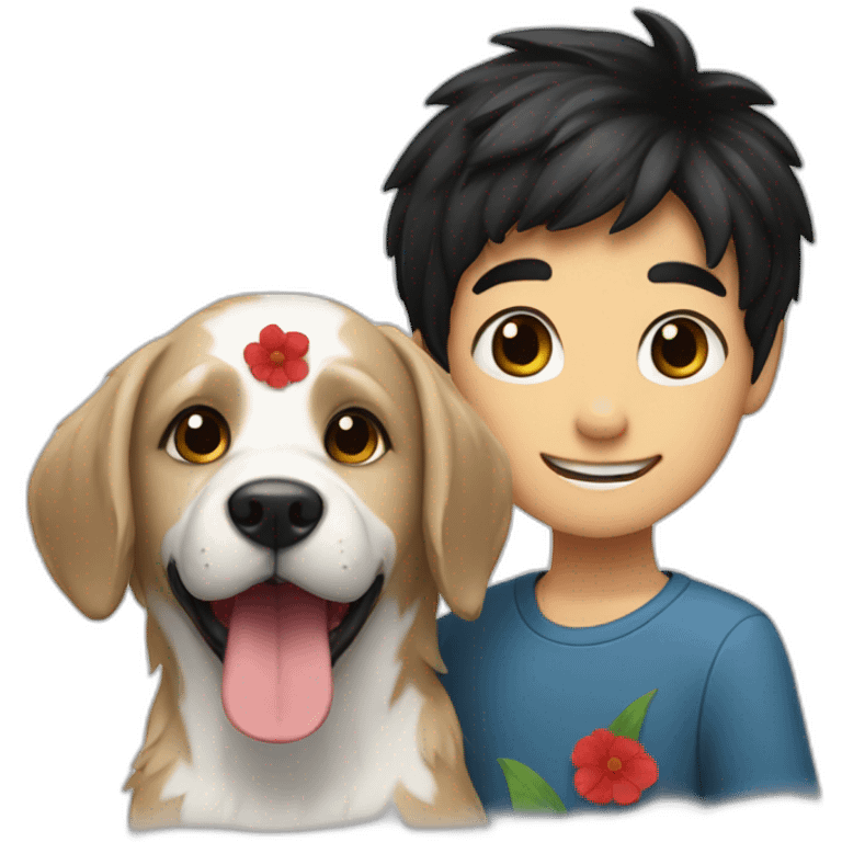 A dog with a a boy with black hair with a red flower  emoji