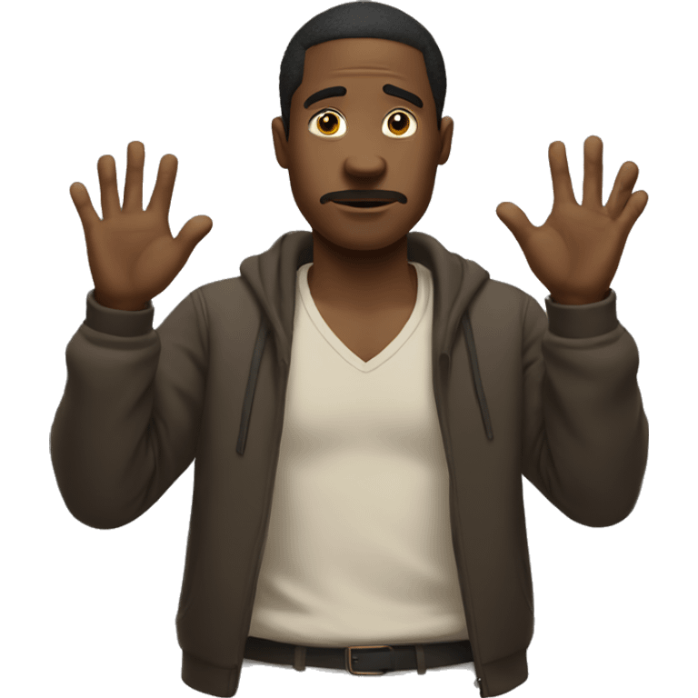 black man with hands next to head in shrugging position, with attitude emoji